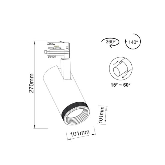 BLACK LED TRACK LIGHT 40W 4000K 4wires 15-60° 3100lm230VRa80