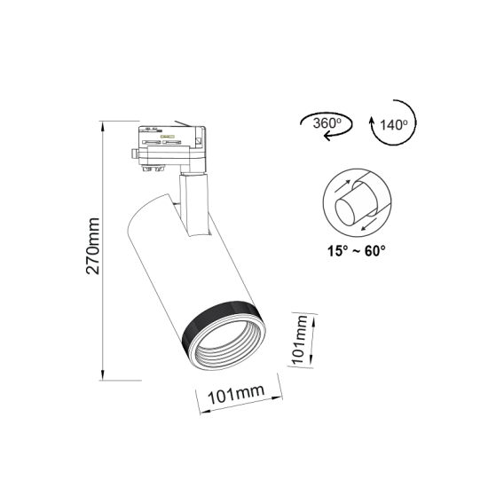 BLACK LED TRACK LIGHT 40W 4000K 4wires 15-60° 3100lm230VRa80