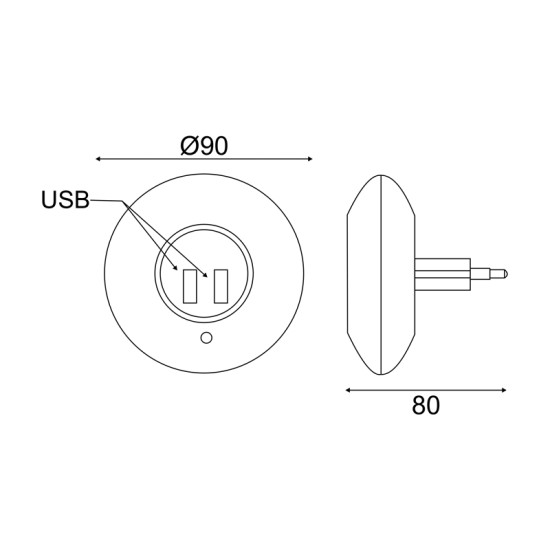 SENSOR NIGHT LAMP 1W 4000K WITH 2 USB PORTS  ,POWER SWITCH ON/OFF K AUTO MODE,  PLASTIC 230V IP20 