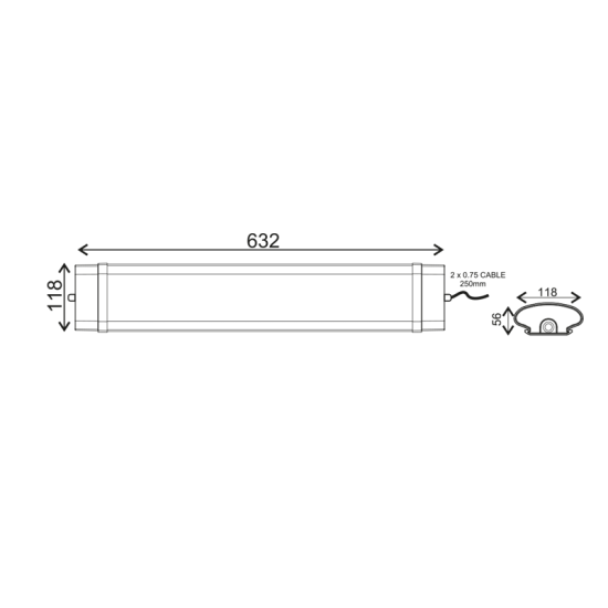 LED LUMINAIRE 60W 632mm 4000K 5400Lm IP66 230VAC PF>0.9 Ra80