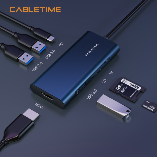 CABLETIME docking station C160, USB-C, 7-ports, 4K, 0.15m, μπλε