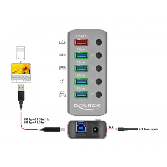 DELOCK USB hub με διακόπτες 63262, 5x USB, 5Gbps, 2.4A, γκρι