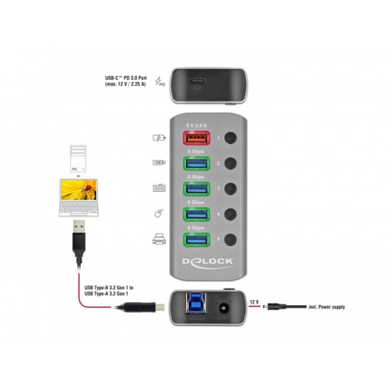 DELOCK USB hub με διακόπτες 63263, 5x USB & USB-C PD, 5Gbps, 2.4A, γκρι