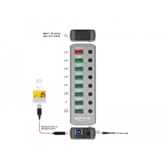 DELOCK USB hub με διακόπτες 63264, 8x USB & USB-C PD, 5Gbps, 2.4A, γκρι