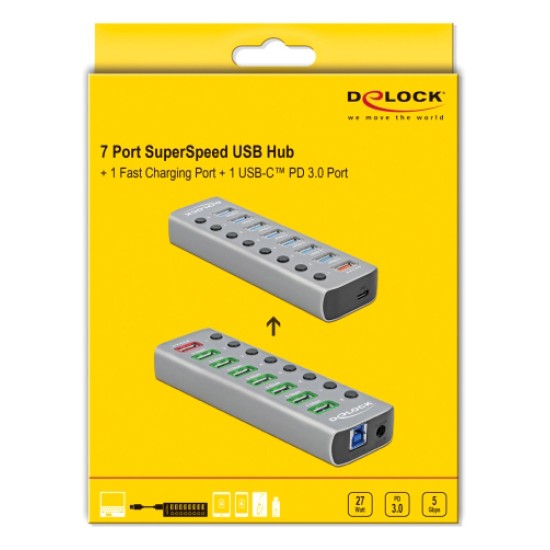 DELOCK USB hub με διακόπτες 63264, 8x USB & USB-C PD, 5Gbps, 2.4A, γκρι