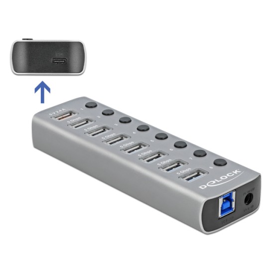 DELOCK USB hub με διακόπτες 63264, 8x USB & USB-C PD, 5Gbps, 2.4A, γκρι