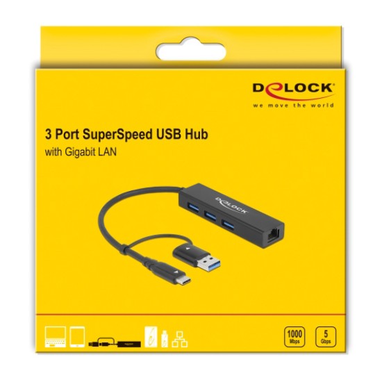 DELOCK docking station 64149 3x USB 3.2 Gen 1/LAN 1000Mbps, 5Gbps, μαύρο