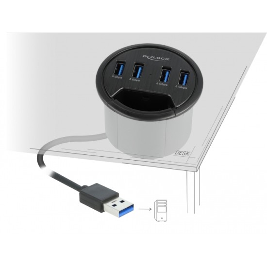 DELOCK USB hub 64153, 4x USB 3.2 Gen 1, 5Gbps, 60mm, μαύρο