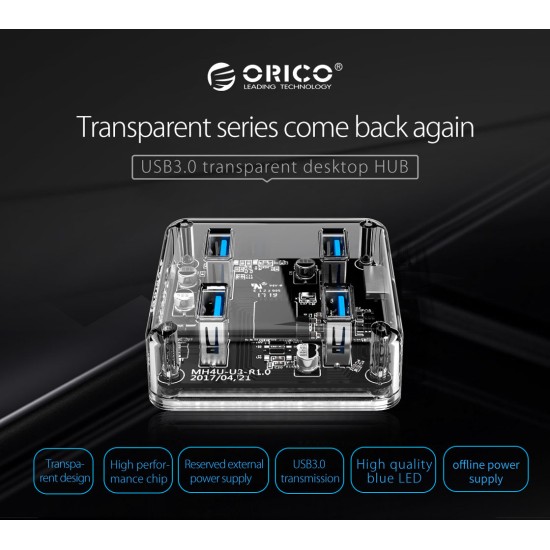 ORICO USB hub MH4U-U3, 4x USB, 5Gbps, διάφανο