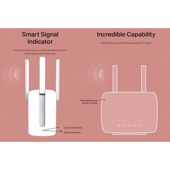 MERCUSYS Wi-Fi Range Extender MW300RE, 300Mbps, MIMO, Ver. 3