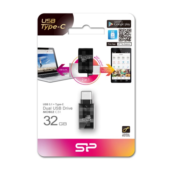 SILICON POWER Dual USB Flash Drive C31, USB 3.1 & Type-C, 32GB, μαύρο