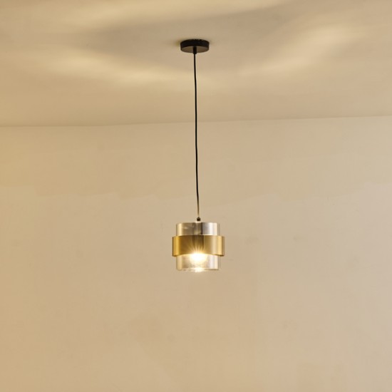 ΦΩΤΙΣΤΙΚΟ ΚΡΕΜΑΣΤΟ ΜΕΤΑΛΛΟ-ΓΎΑΛΙ ΜΟΝΟΦΩΤΟ 1XE27 Max 15W Φ180X1205mm ΜΑΥΡΟ-ΧΡΥΣΟ ARTE ILLUMINA RELIAC