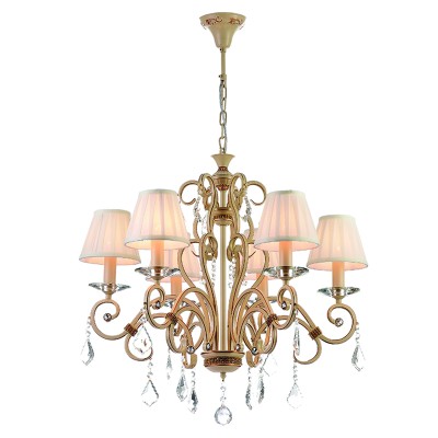 Κρεμαστό φωτιστικό μπεζ  κρύσταλλα&υφασμάτινα  καπέλα 6Φ