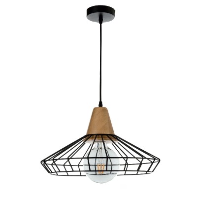  Κρεμαστό φωτιστικό από μαύρο μέταλλο και ξύλο 1XE27 D:40cm (4389)