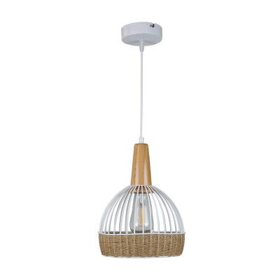  Κρεμαστό φωτιστικό από λευκό μέταλλο, σχοινί και ξύλο 1XE27 D:20cm (4028-Β)