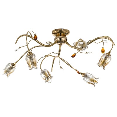  Φωτιστικό οροφής από χρυσό μέταλλο κρύσταλλα και μελί γυαλί 6Φ