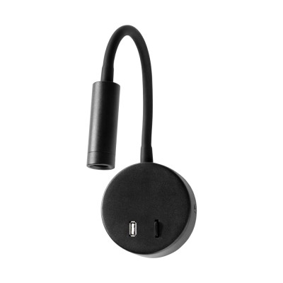 ΑΠΛΙΚΑ LED BEDSIDE ΜΑΥΡΗ ΣΤΡOΓΓΥΛΗ ΣΠΙΡΑΛ 3W  180lm 3000Κ + USB + ΔΙΑΚΟΠΤΗ Ø90Χ390mm