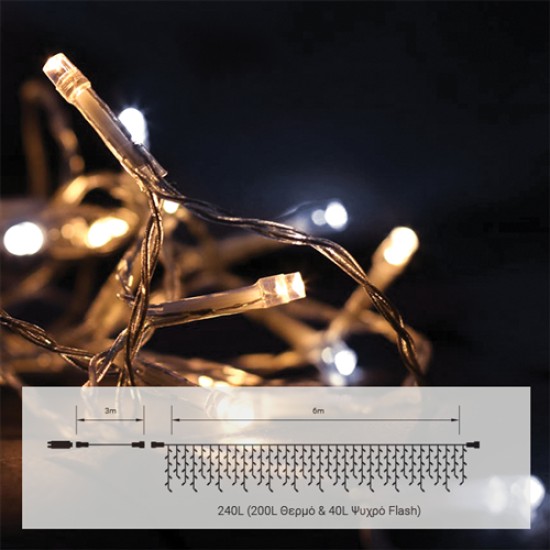 240 LED WARM ΑΣΥΜΕΤΡΗ ΒΡΟΧΗ & WHITE FLASH, ΚΑΛΩΔΙΟ ΔΙΑΦ. 6Μ & 3Μ ΚΑΛΩΔ.ΠΑΡΟΧΗΣ 31V ΙΡ44 (MAX 3 ΣΕΤ) 